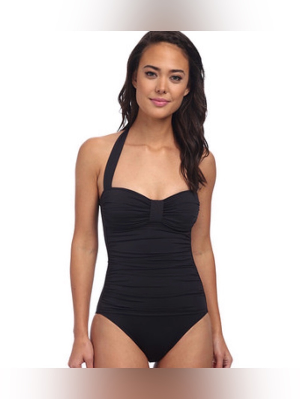 Tommy Bahama Pearl V-Front Ruched Halter Sun Protection One
Piece SwimsuiBlack 8